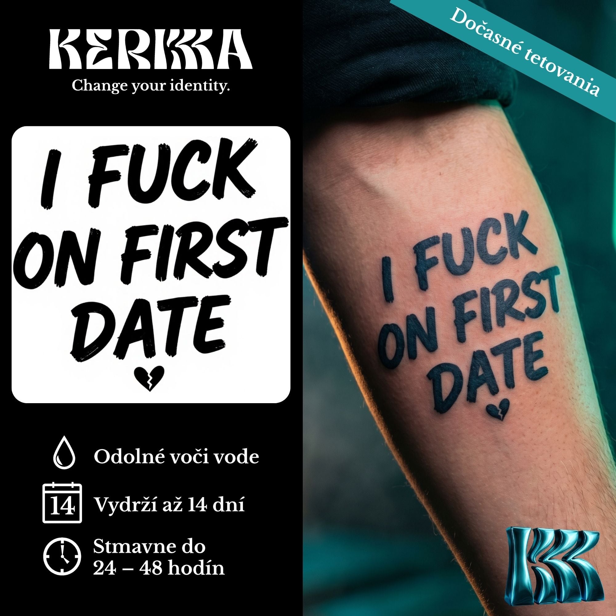 I FUCK ON FIRST DATE štetcový font so zlomeným srdcom, tetovanie na predlaktí — KERKKA