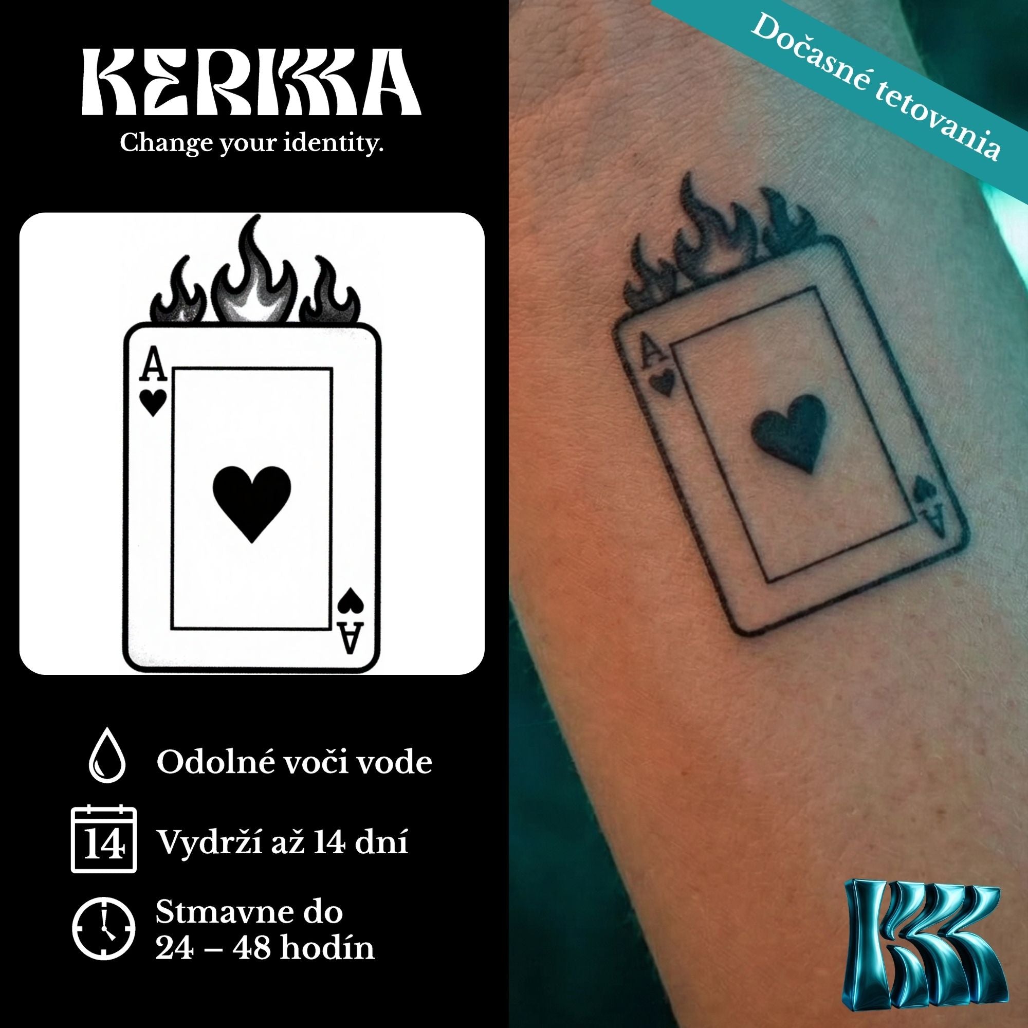 Eso srdcí s plameňmi, dočasné tetovanie na zápästí — KERKKA