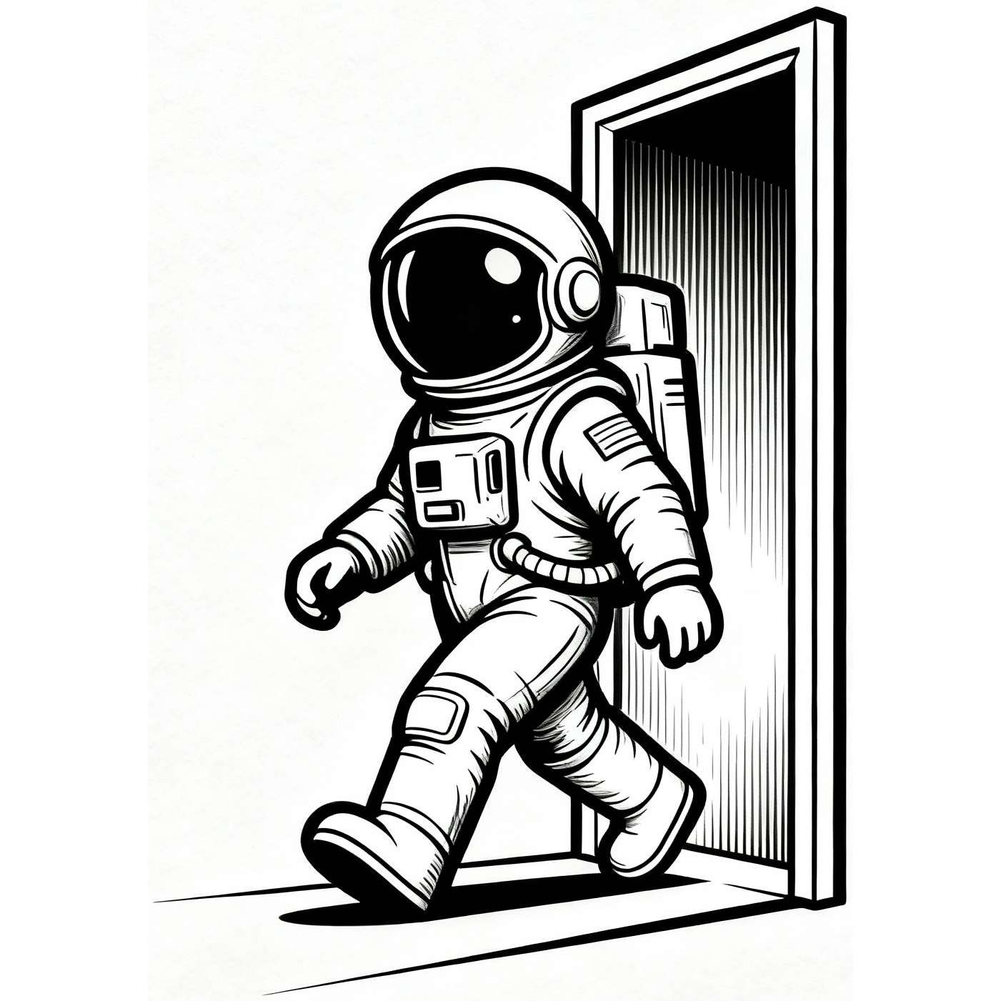 Astronaut kráča cez bránu, čierne líniové umenie na bielom podklade — KERKKA