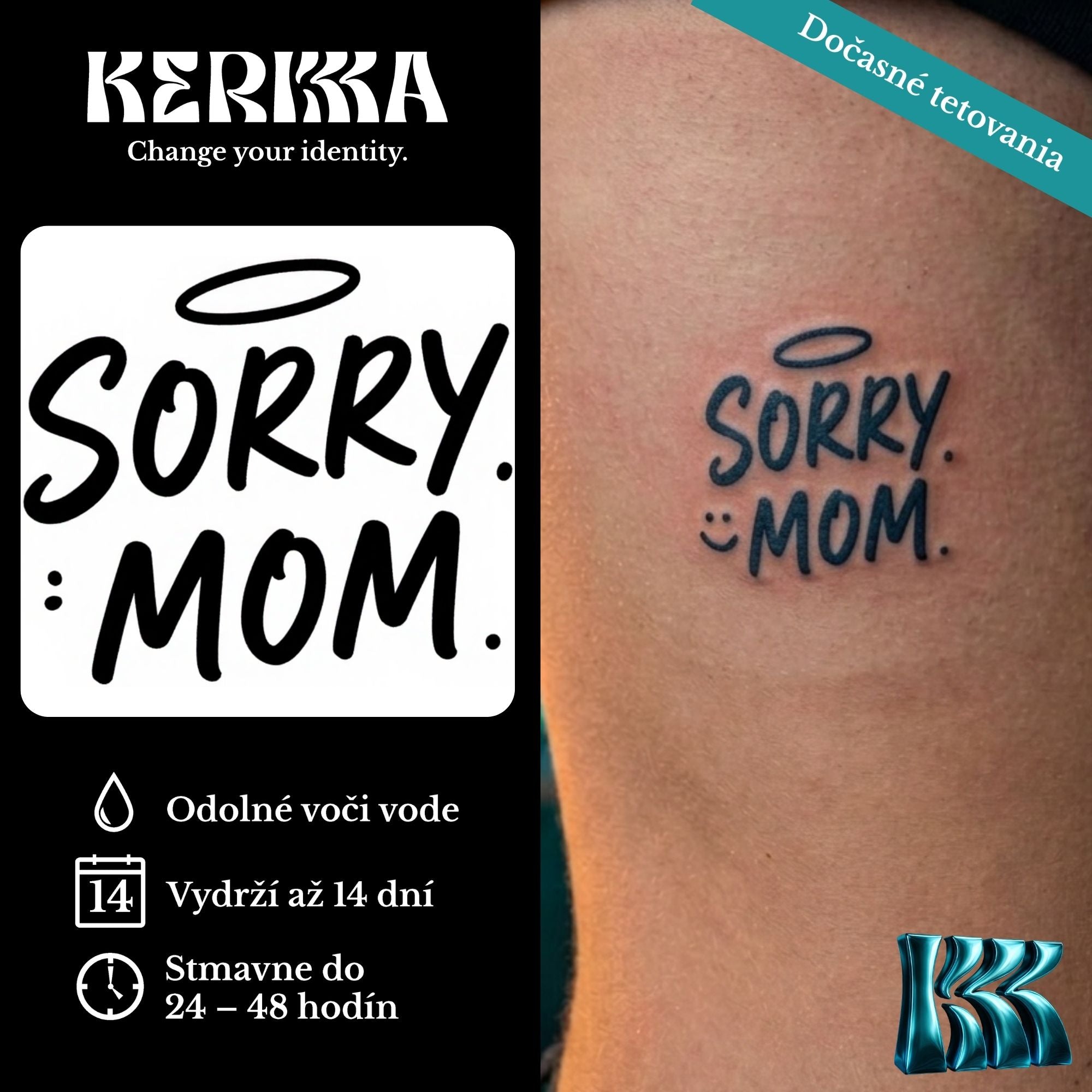 SORRY MOM štetcový text s anjelskou aureolou, dočasné tetovanie na rebrách — KERKKA