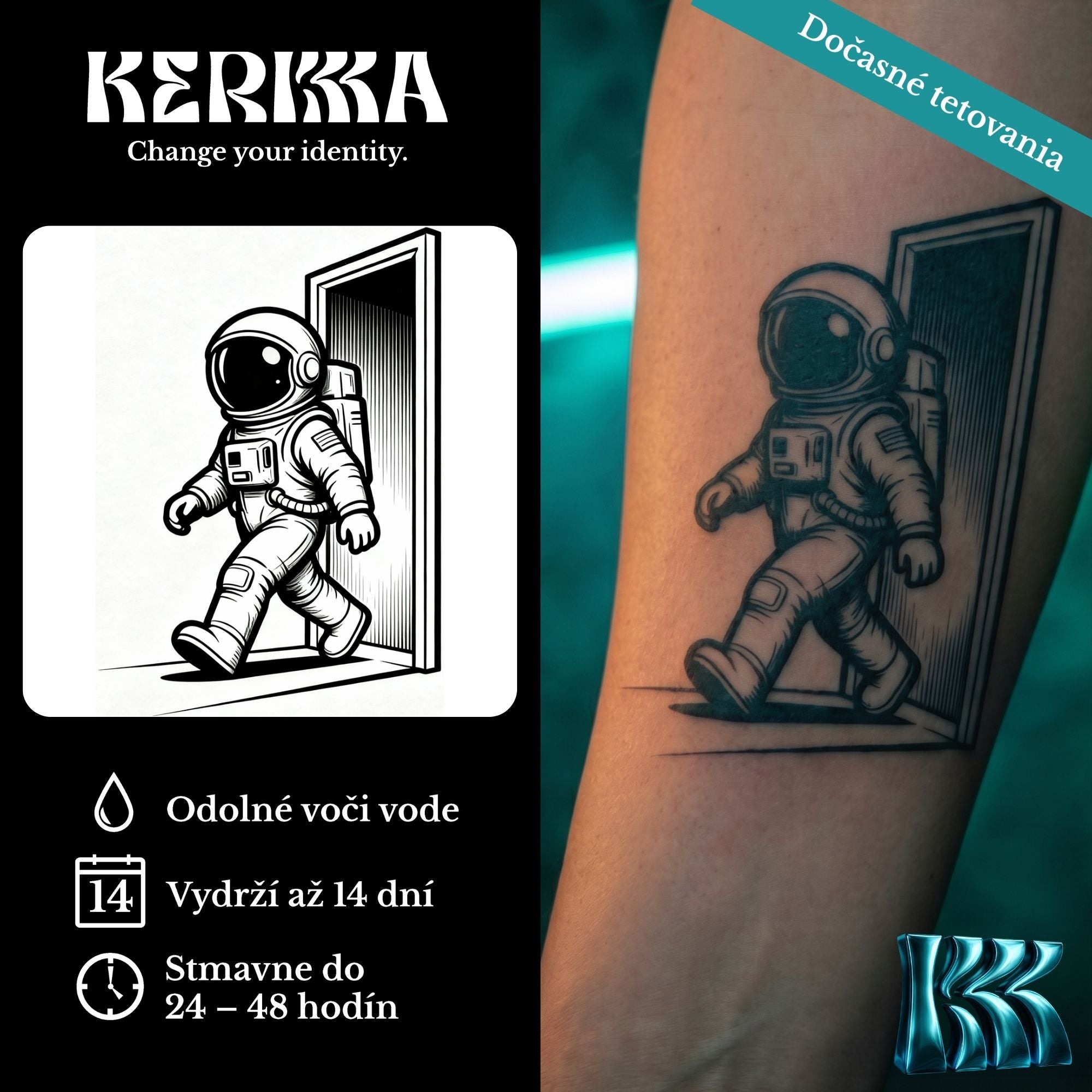 Astronaut prechádza bránou, dočasné tetovanie na predlaktí — KERKKA