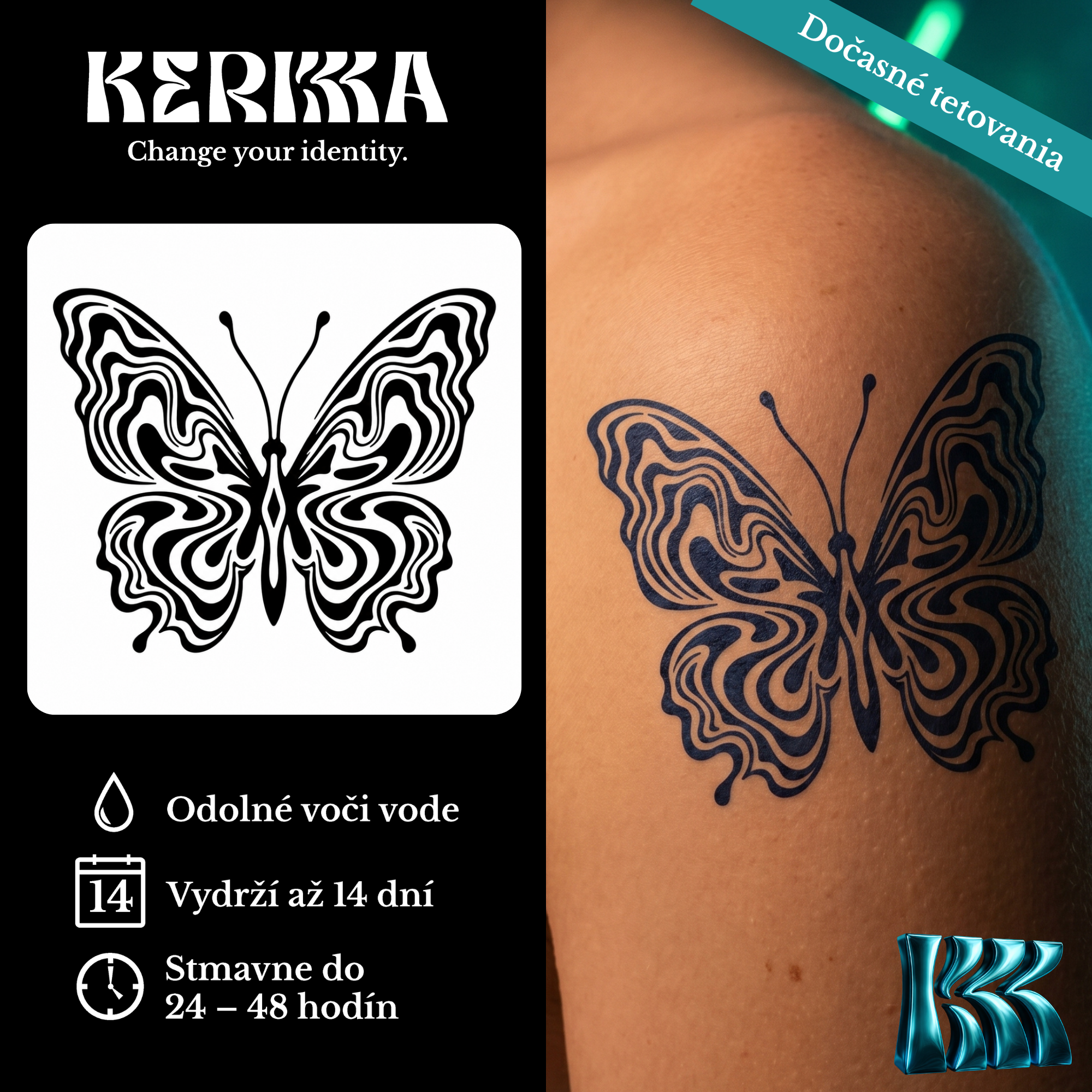 KERKKA Trippy motýľ dočasné genipin tetovanie 7x7 cm