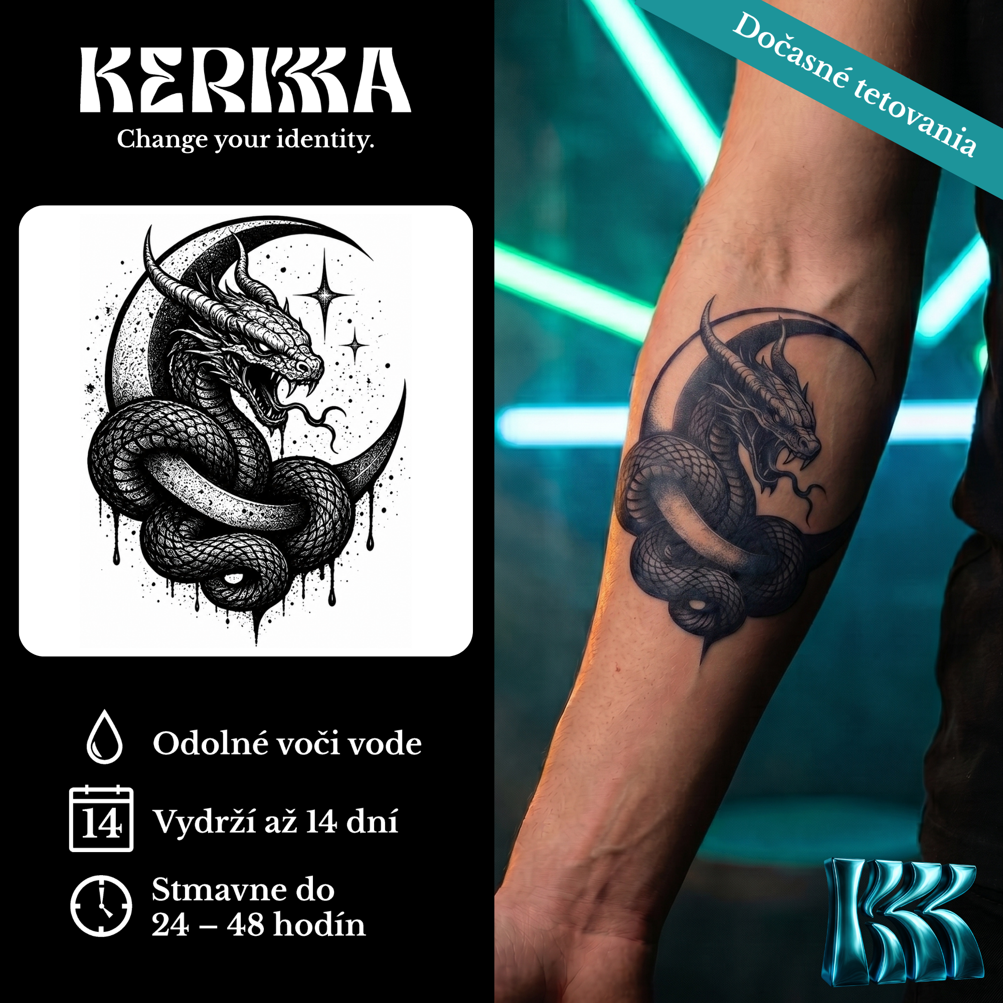 KERKKA Mesačný drak dočasné genipin tetovanie 11x11 cm