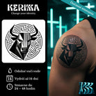 Geometrická hlava býka v kruhovom labyrinte, dočasné tetovanie na ramene — KERKKA