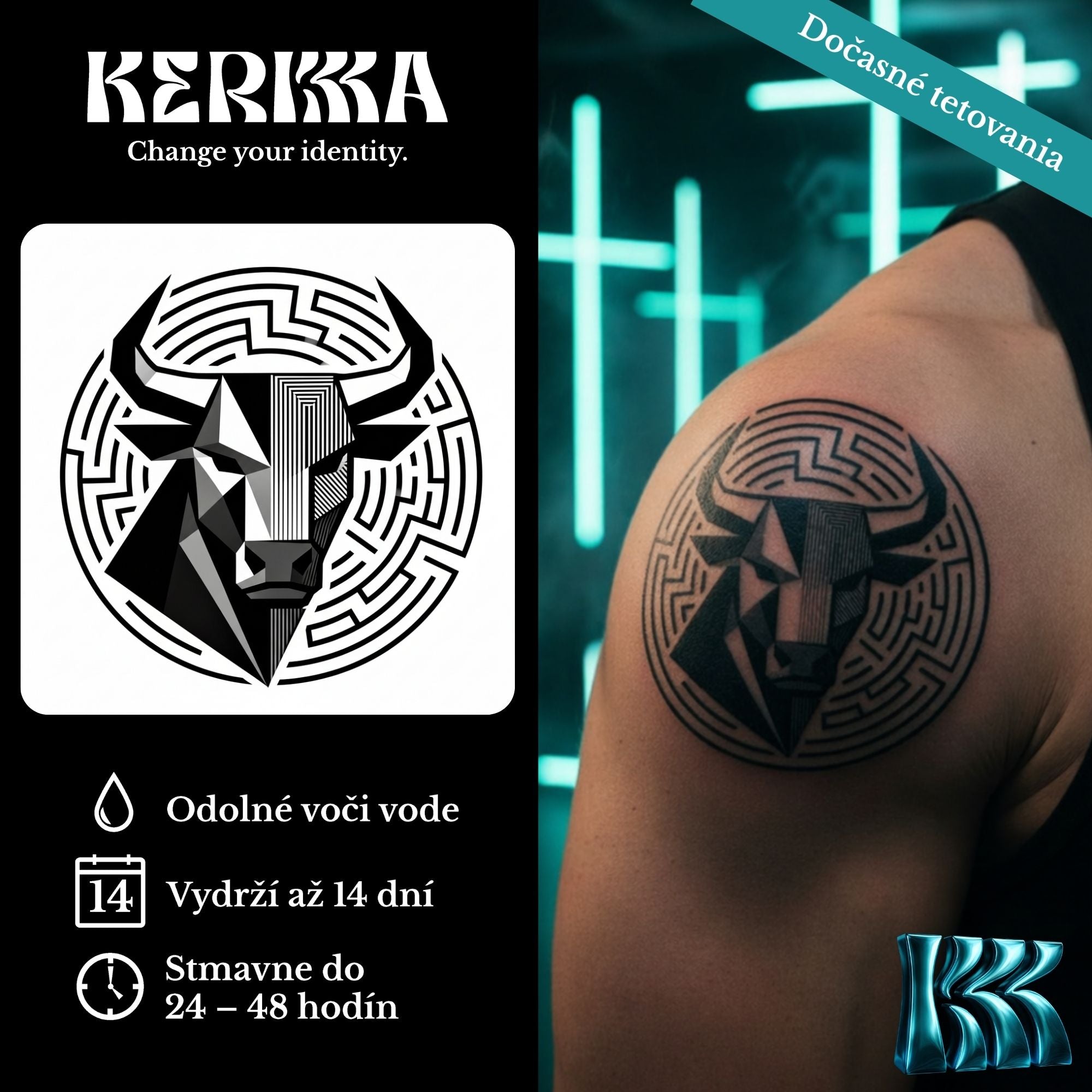 Geometrická hlava býka v kruhovom labyrinte, dočasné tetovanie na ramene — KERKKA