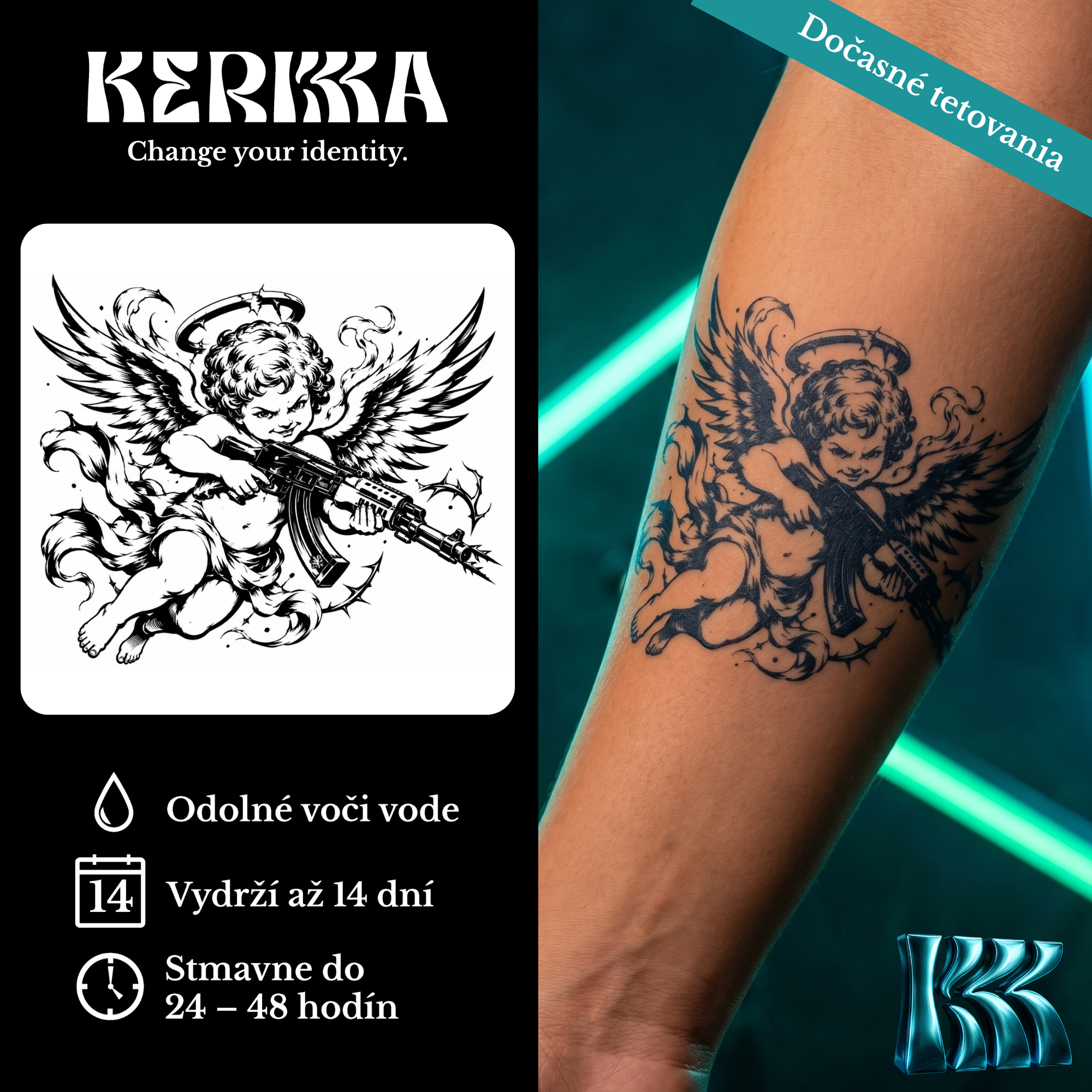 KERKKA Ozbrojený cherub dočasné genipin tetovanie 11x11 cm