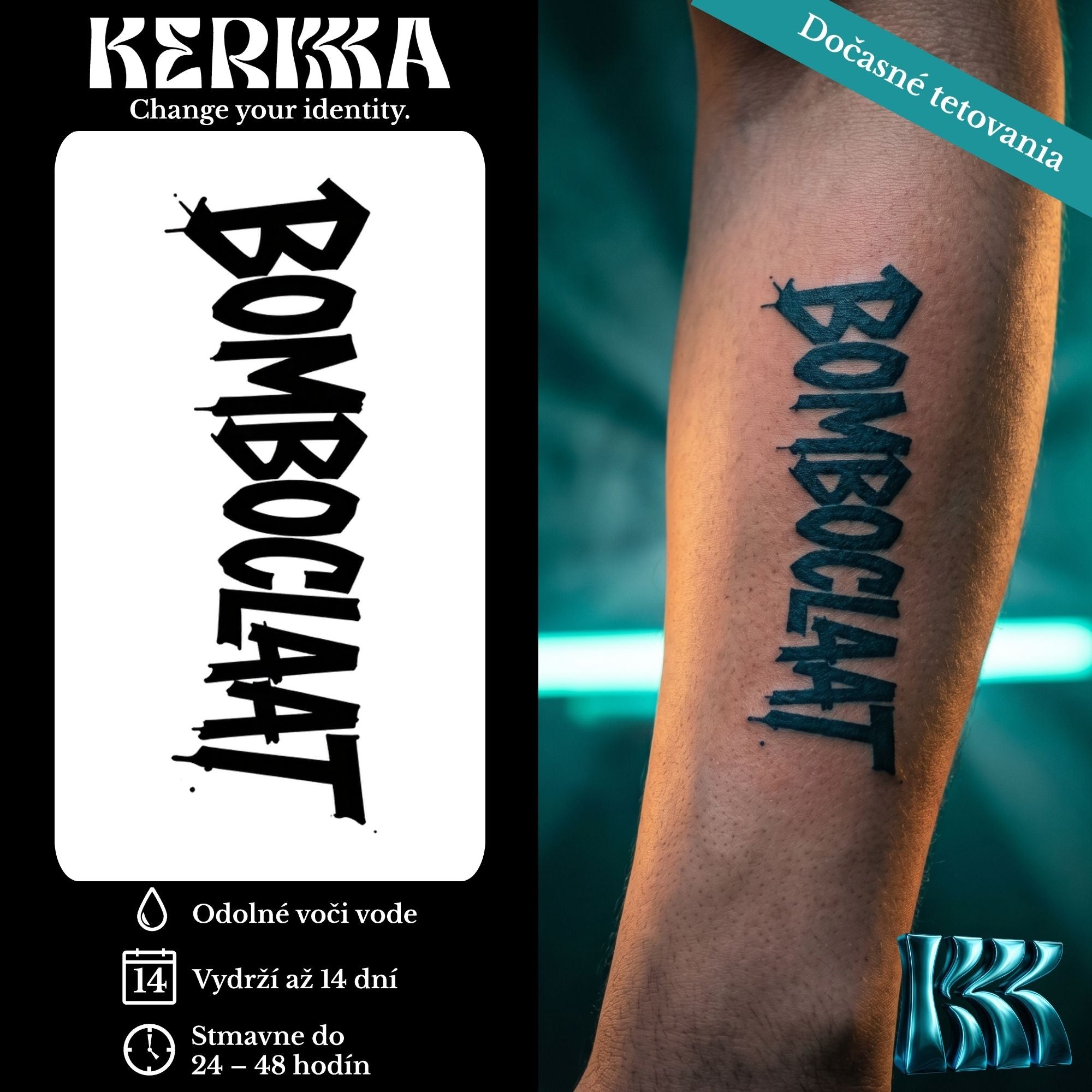 BOMBOCLAAT graffiti text, dočasné tetovanie na predlaktí — KERKKA