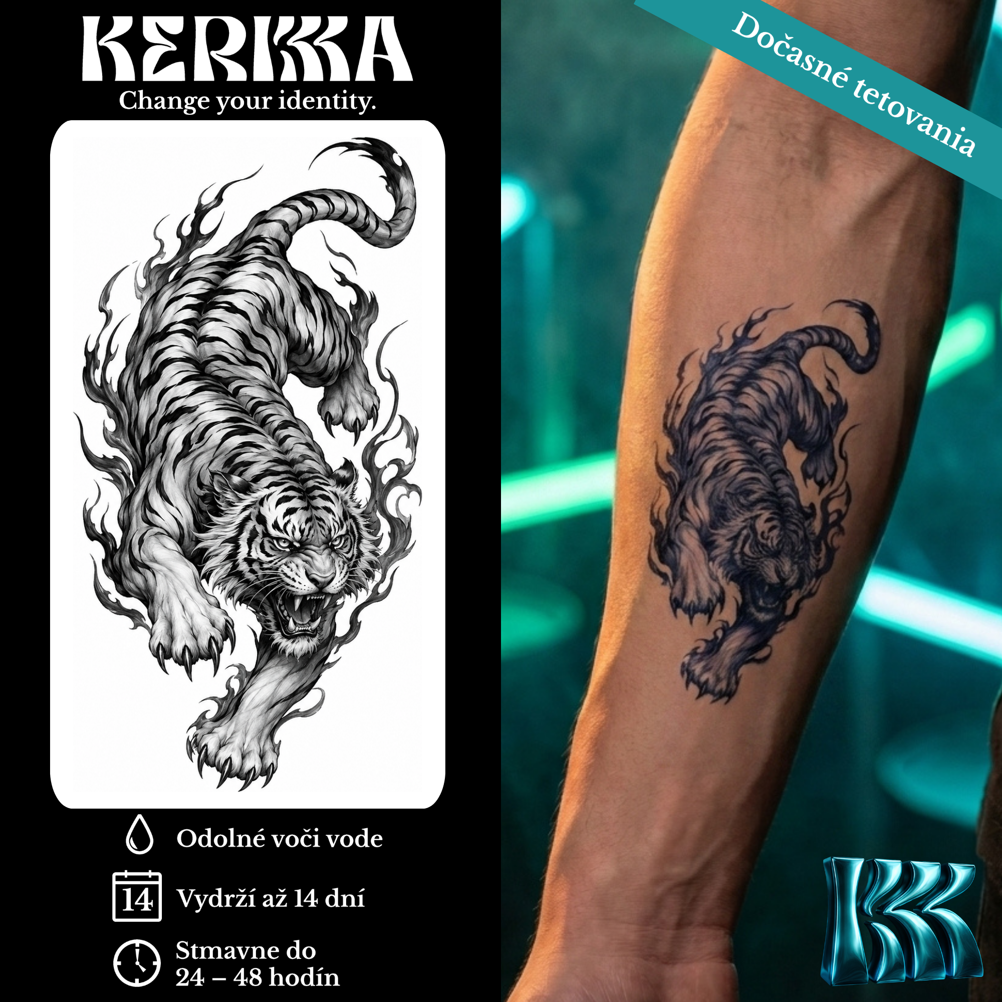 KERKKA Tigria zúrivosť dočasné genipin tetovanie 7x12 cm