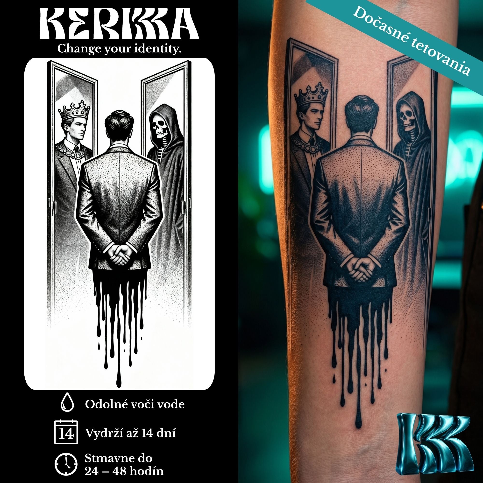 Muž medzi dvoma zrkadlami odráža kráľa a smrť, tetovanie na predlaktí — KERKKA