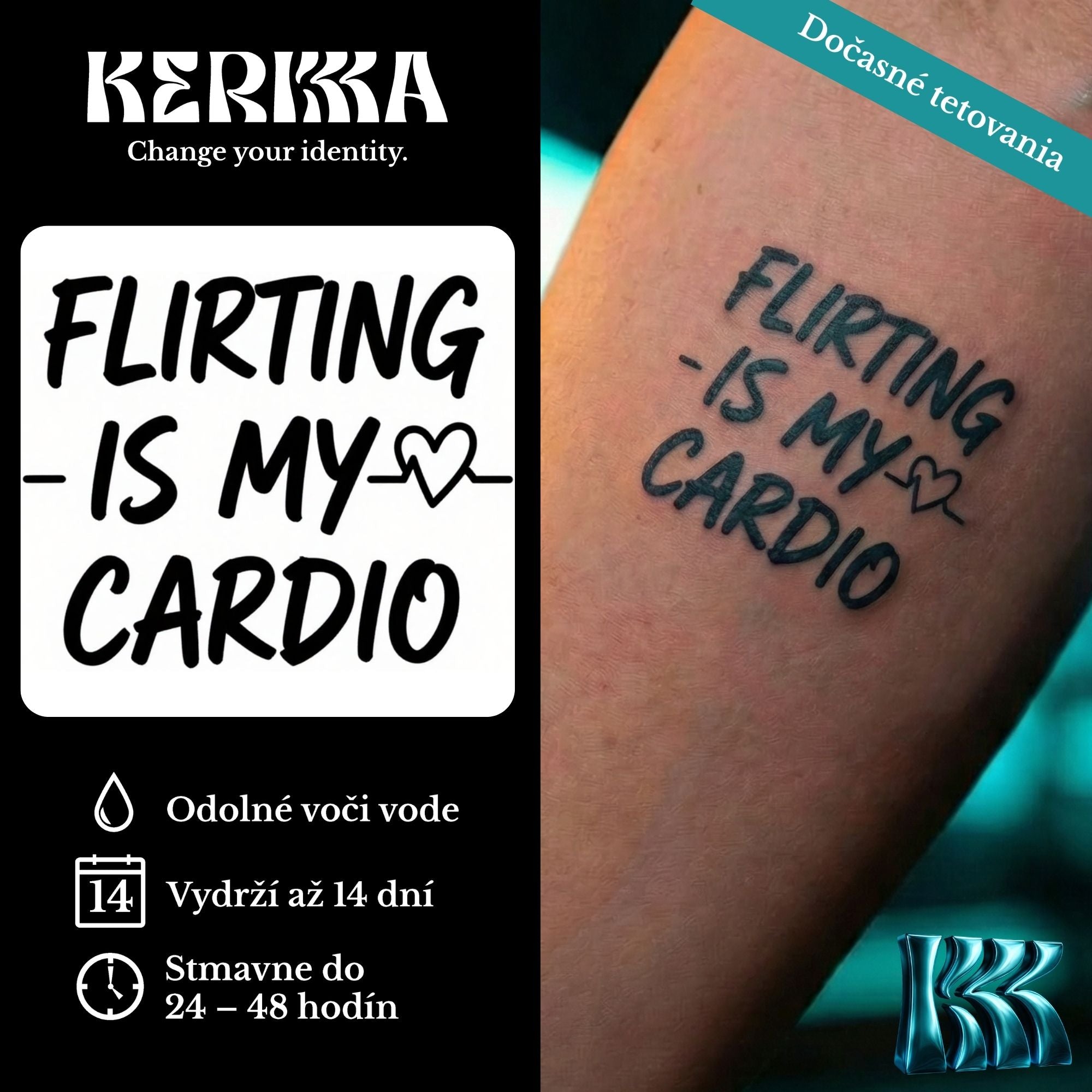 FLIRTING IS MY CARDIO tučný text so srdcom, dočasné tetovanie na ruke — KERKKA