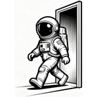 Astronaut kráča cez bránu, čierne líniové umenie na bielom podklade — KERKKA