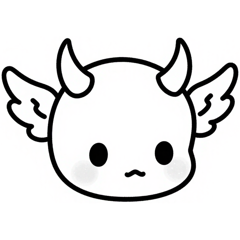 Kawaii okrúhla tvár s rohmi a malými krídlami, čierne líniové umenie — KERKKA