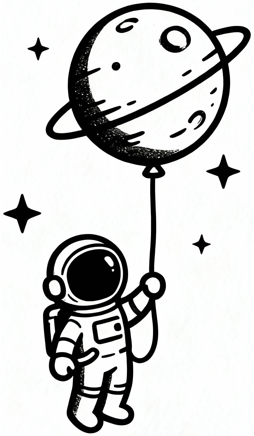 Astronaut s balónom v tvare planéty a hviezdami, čierne líniové umenie — KERKKA