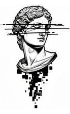 Grécka busta s glitch efektom a pixelovým rozpadom, čierne líniové umenie — KERKKA