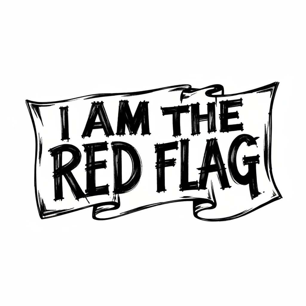 I AM THE RED FLAG text na vlajkovom zvitku, čierne líniové umenie — KERKKA