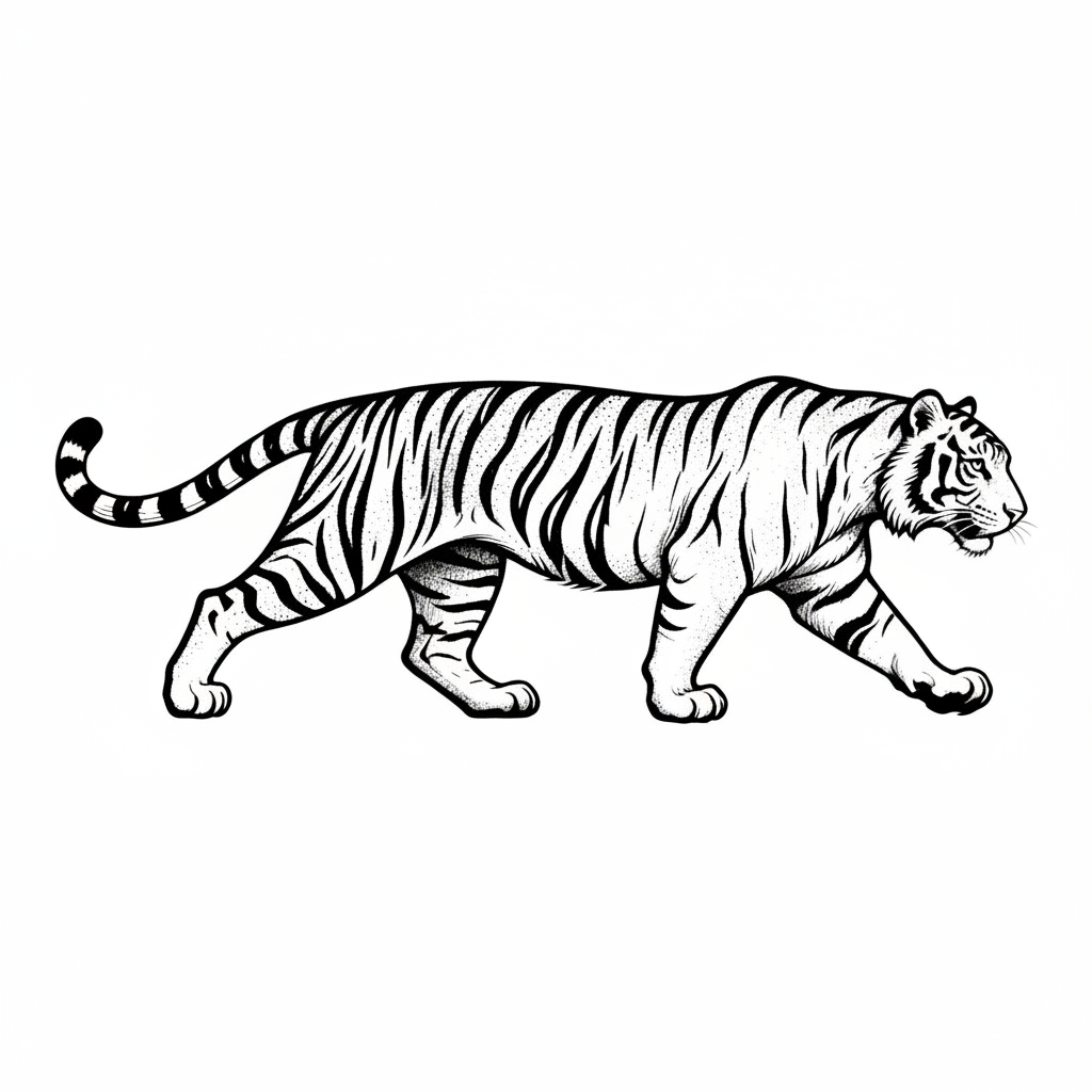 Tiger kráčajúci v profile s detailnými pruhmi, čierno-biela ilustrácia — KERKKA