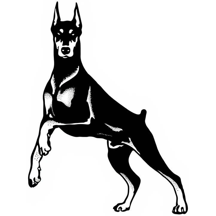 Doberman v pohotovostnej póze, detailná čierno-biela ilustrácia — KERKKA